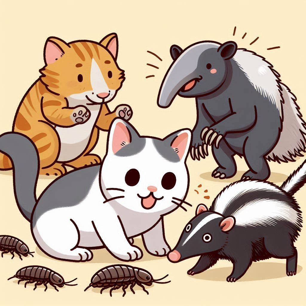 cats, a tapir, a skunk, and cockroaches playing